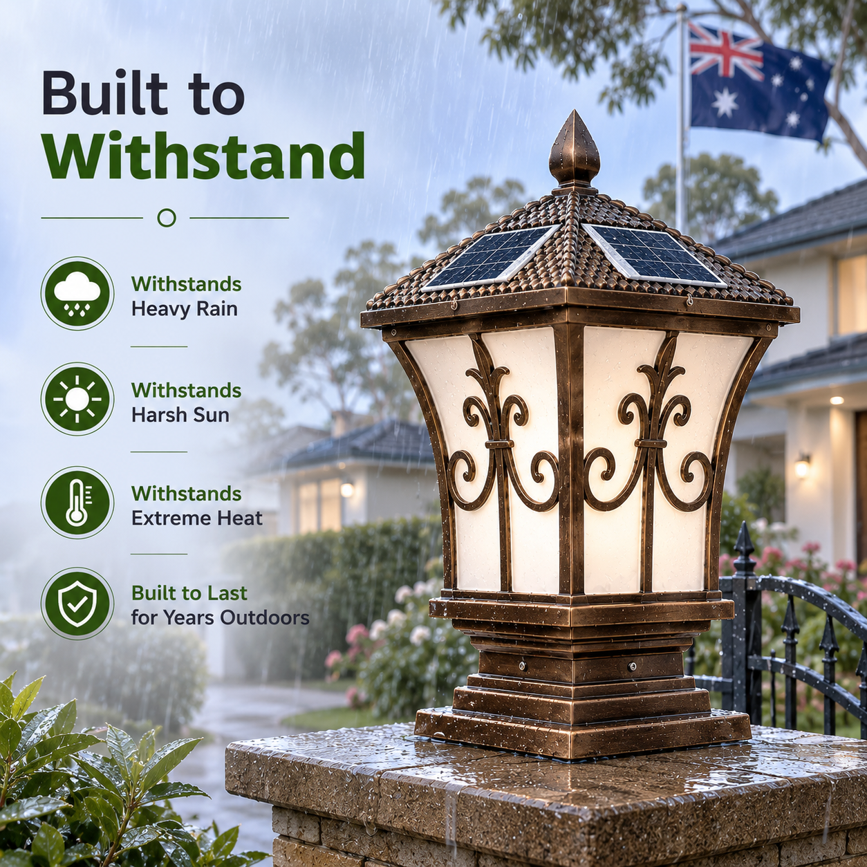 An antique bronze solar coach lamp standing on a brick gate pillar in heavy rain, demonstrating its ability to withstand harsh Australian weather, sun, and extreme heat.
