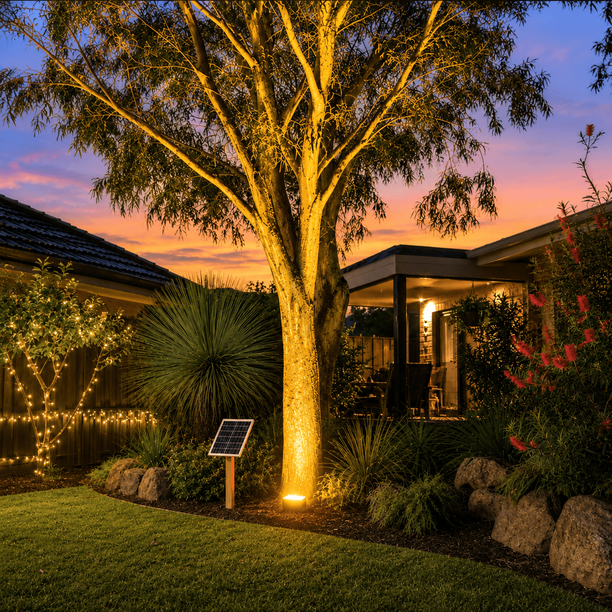 Yellow solar flood light system casting a warm golden uplight on a native Australian gum tree in a beautifully landscaped suburban backyard garden at sunset.