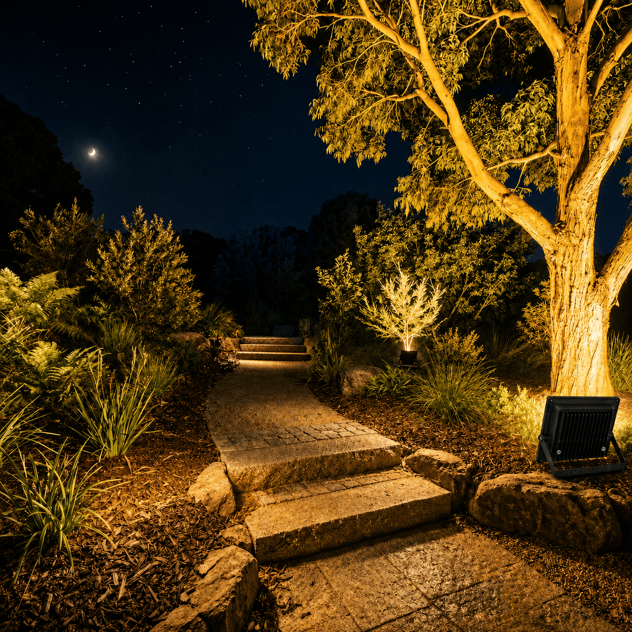 Yellow solar outdoor lights illuminating a stone garden path and casting a warm glow on native eucalyptus trees in an Australian backyard at night.