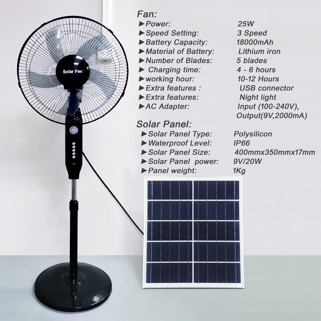 Solar Powered Pedestal Fan Stand Fan Outdoor Indoor AC Adapter Caravan Solar Fan