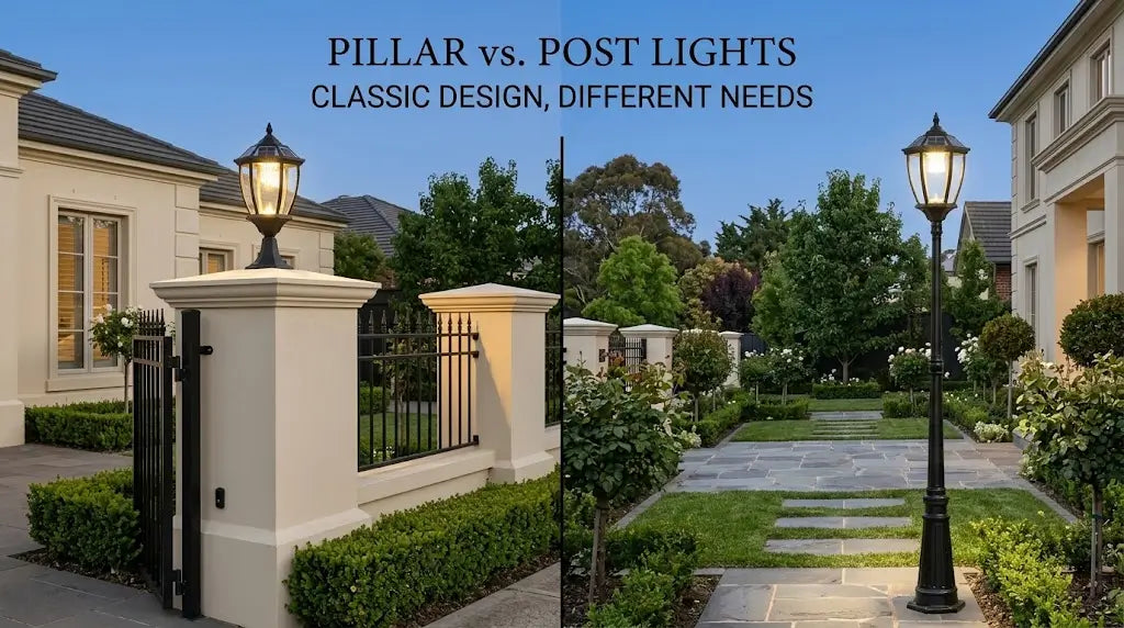 Side by side comparison banner titled Pillar vs Post Lights Classic Design Different Needs featuring a Victorian solar pillar light on a front gate stucco pillar and a tall Victorian solar post light on a slate courtyard pathway.