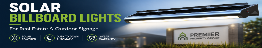 SolarEasy premium solar billboard lights fixture illuminating a real estate property group outdoor signage board at dusk with key features highlighting dusk to dawn automatic operation and a 3-year warranty.