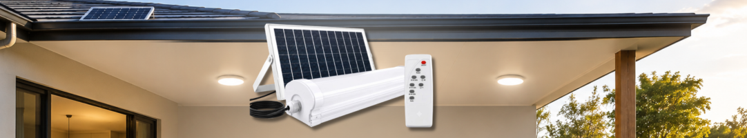 SolarEasy solar ceiling lights banner showing a round premium indoor and outdoor flush mount ceiling light fixture installed under a wooden patio roof, with product graphics displaying a dual light kit, solar panel, and remote control.