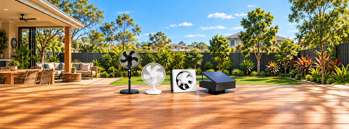 Solar pedestal, table, wall ventilation and roof exhaust fans in a sunny backyard
