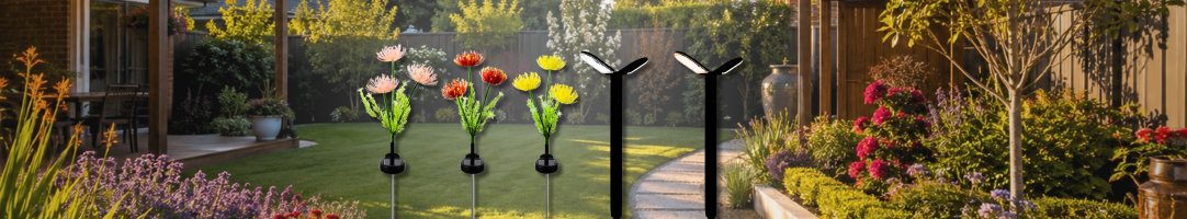 SolarEasy decorative outdoor solar garden lights displaying a row of colorful solar flower stake lights in pink, red, and yellow next to modern black butterfly wing pathway bollards on a lush backyard lawn.