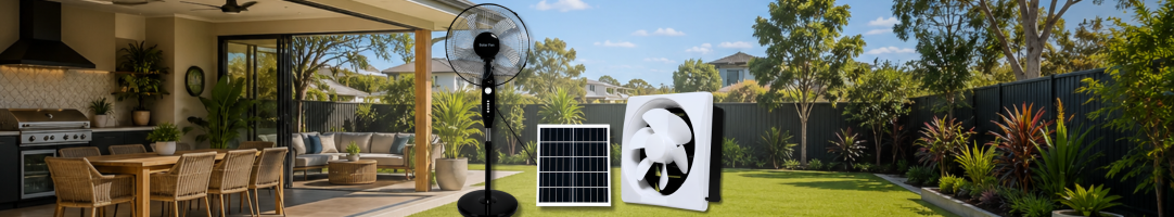SolarEasy solar powered fan kit with a black pedestal fan, monocrystalline solar panel, and white ventilation exhaust fan in a residential backyard.