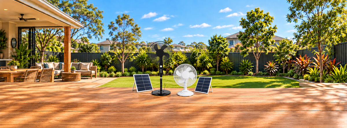 Solar powered pedestal and table fans with their solar panels in a sunny backyard