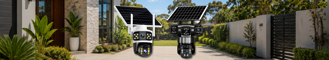 SolarEasy wireless solar security cameras featuring white and black PTZ CCTV models with attached solar panels in a residential driveway entrance.