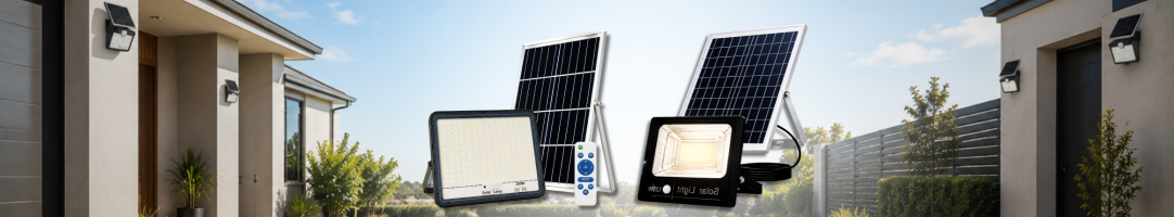 SolarEasy solar sensor lights banner featuring a premium solar security lighting floodlight mounted over a residential garage door at night, alongside a standalone LED panel, large monocrystalline solar panel, and remote control.