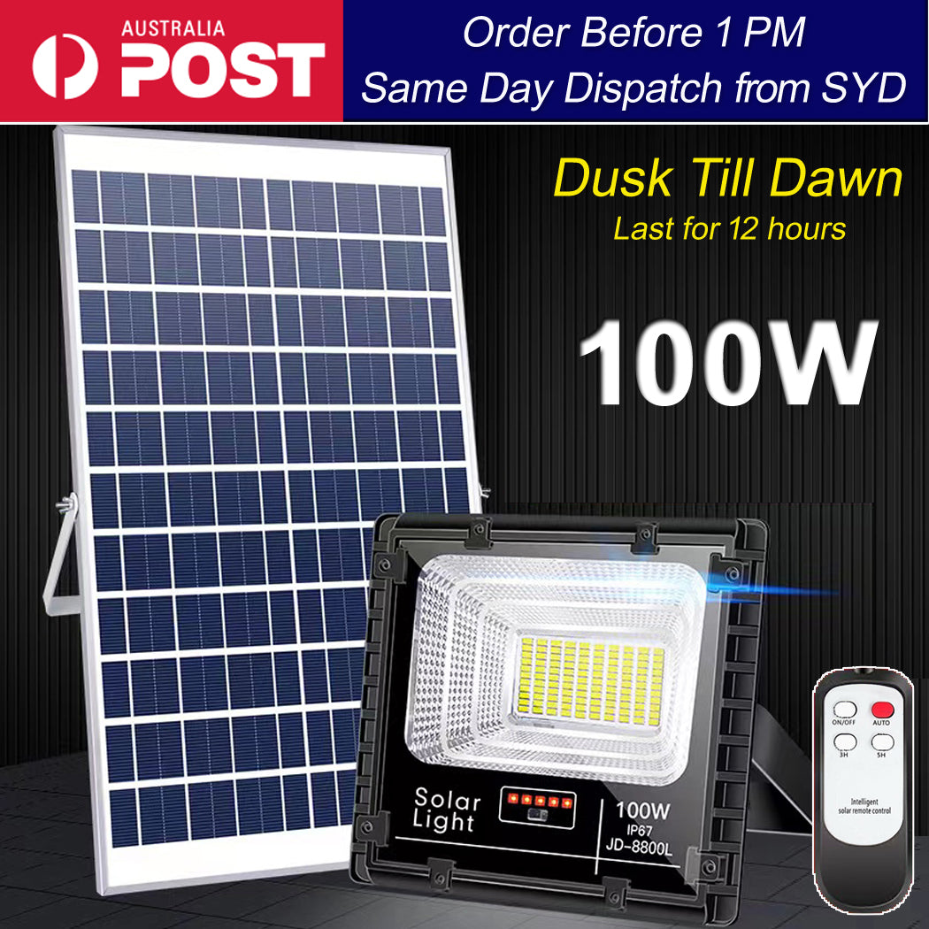 100W solar flood light – ultra-bright, energy-efficient outdoor lighting with a durable aluminum body, waterproof design, and 12-hour automatic illumination for backyard and garden spaces.