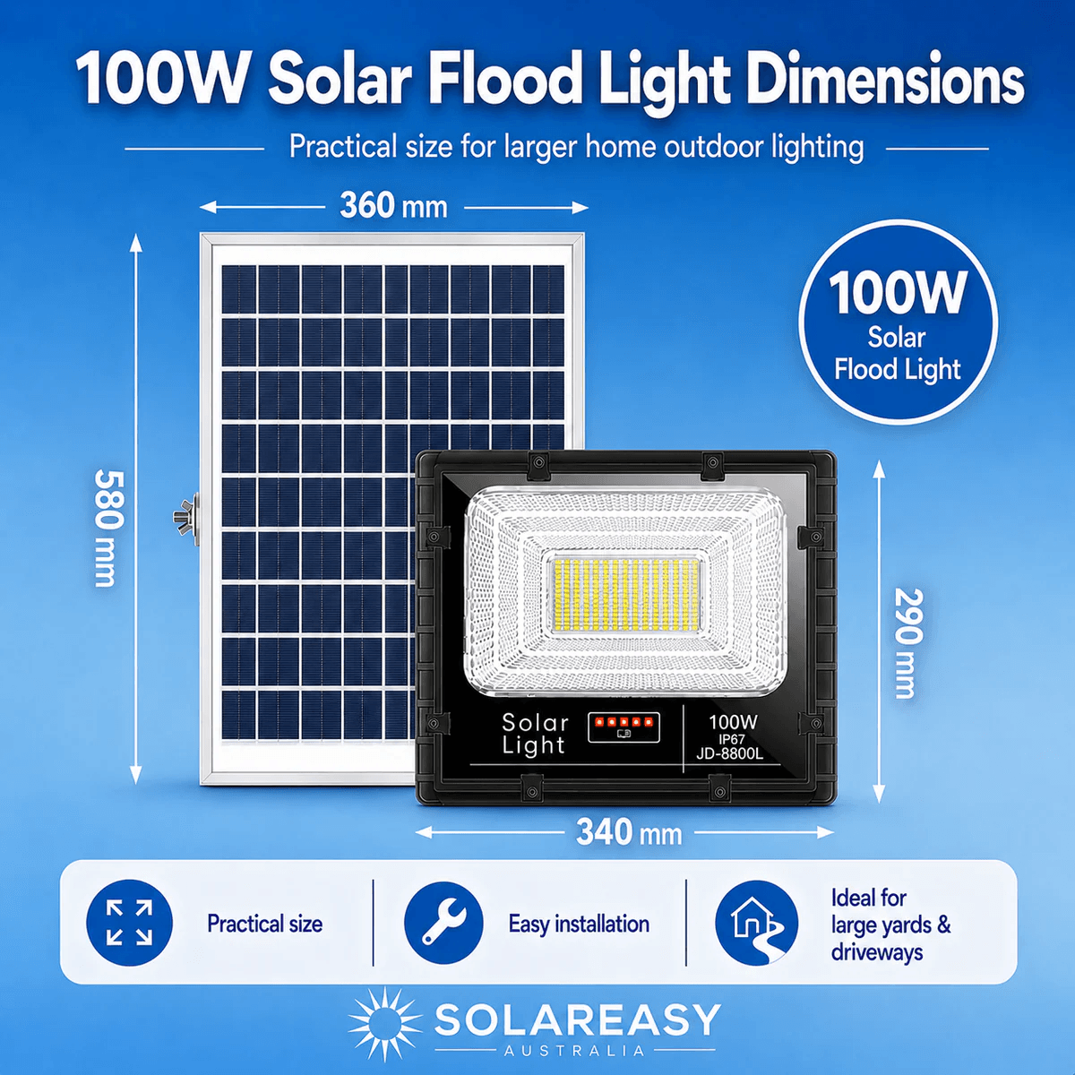 100W solar floodlight dimensions infographic showing 340 mm by 290 mm light fixture beside a 580 mm by 360 mm solar panel.