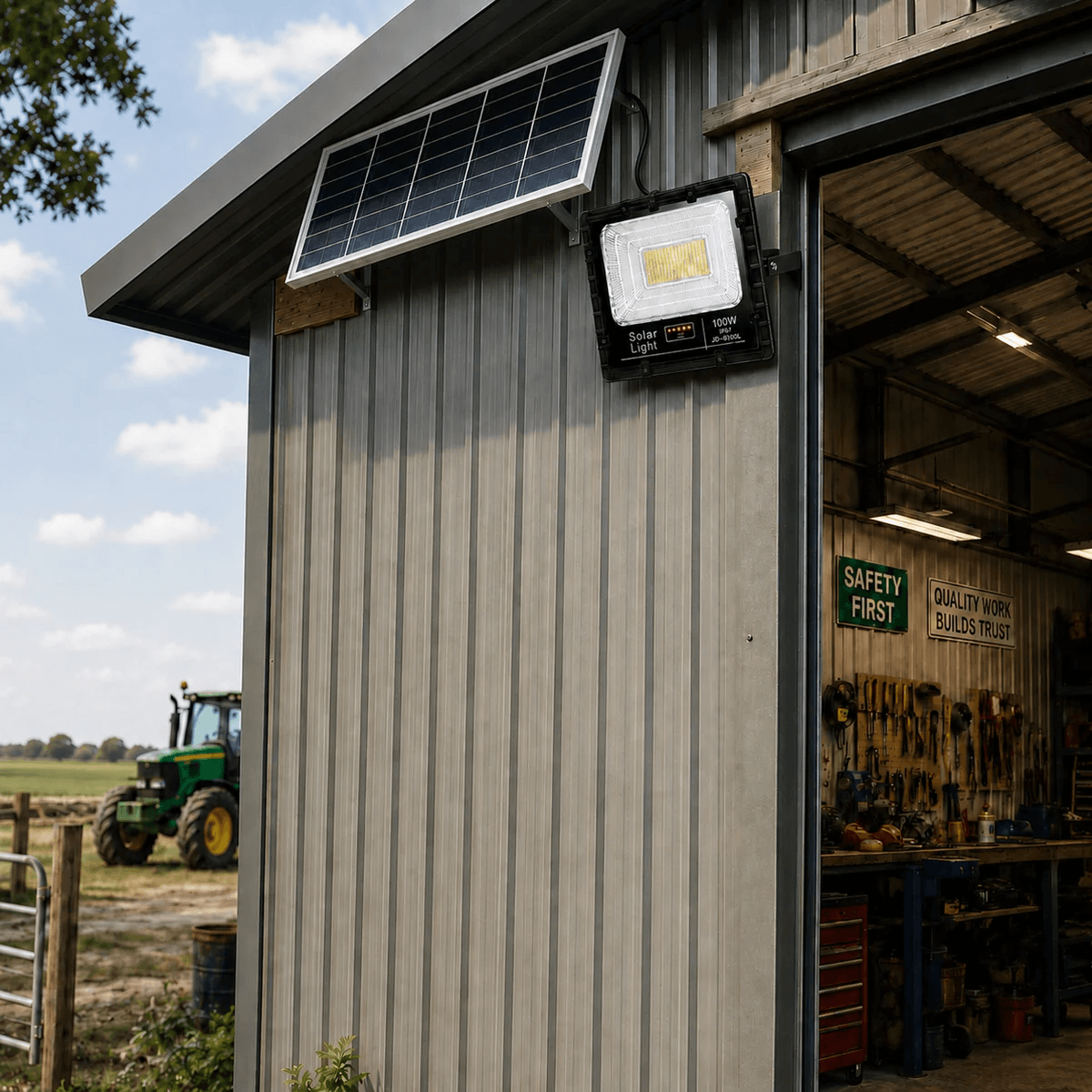 100W solar powered security lights installed on a metal garage workshop. Bright solar outdoor spotlight lighting a farm building.