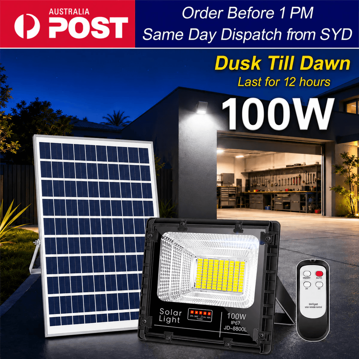 100W commercial solar powered flood lights kit showcasing Australia Post same day dispatch from Sydney with a dusk till dawn 12 hour runtime badge.