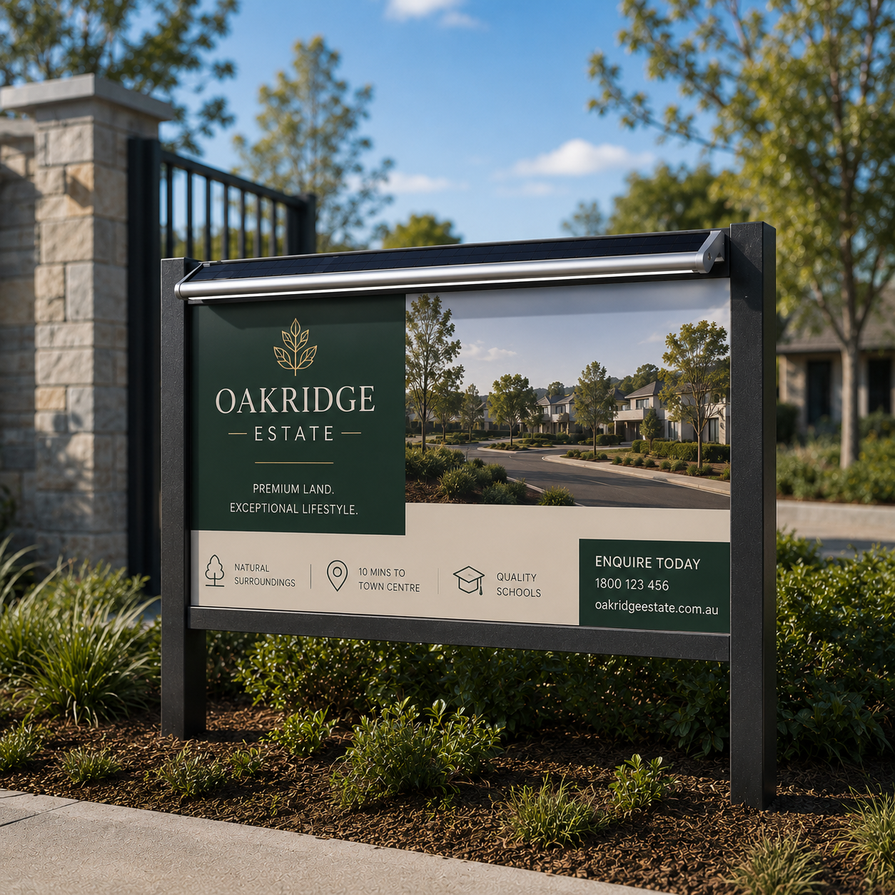A sleek 120cm solar real estate sign light is perfectly fitted to a horizontal land estate development board to capture maximum attention during daylight and nighttime hours.