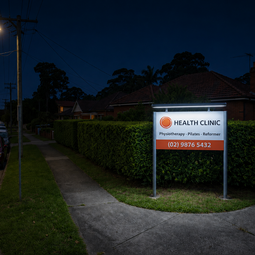 A 120cm solar sign light Australia model illuminates a commercial medical health clinic billboard sign along a suburban street at night.