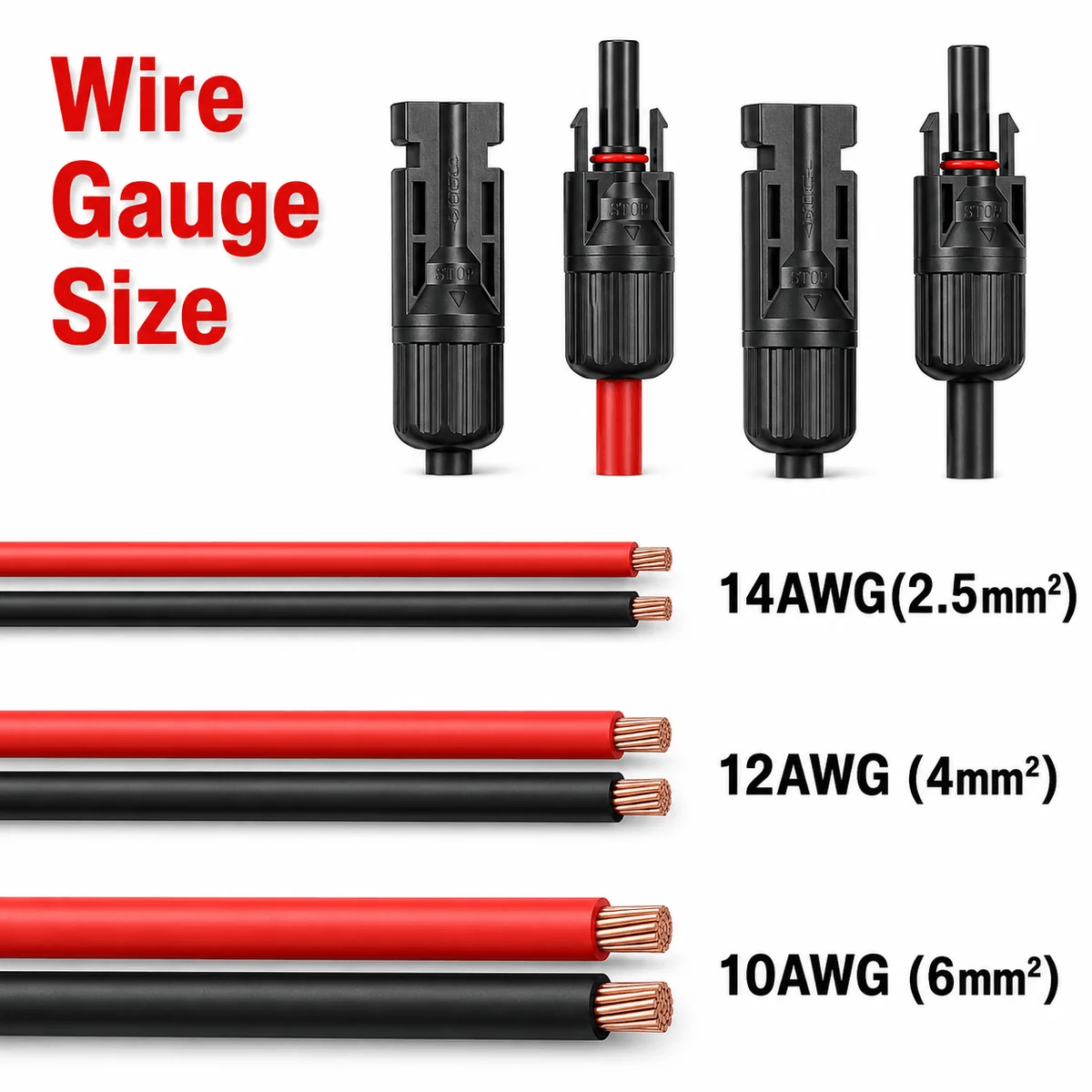 Wire gauge size comparison chart for a solar panel connector cable in red and black showing 14AWG 2.5mm2, 12AWG 4mm2, and 10AWG 6mm2 thickness variants with MC4 plugs.
