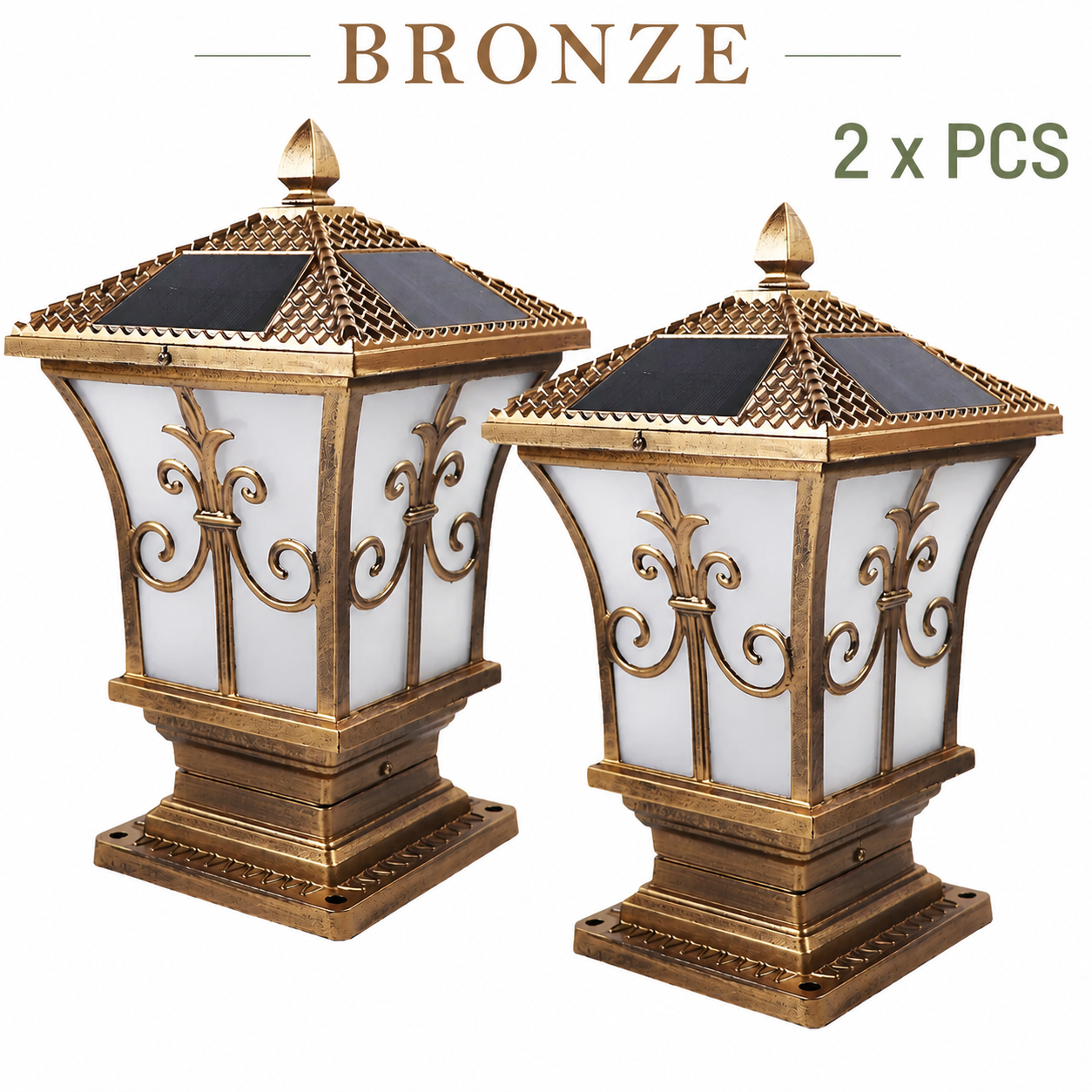 A 2-pack set of antique bronze heritage solar light fixtures with integrated roof panels, showcasing the alternative decorative color choice for classic gate post installations.