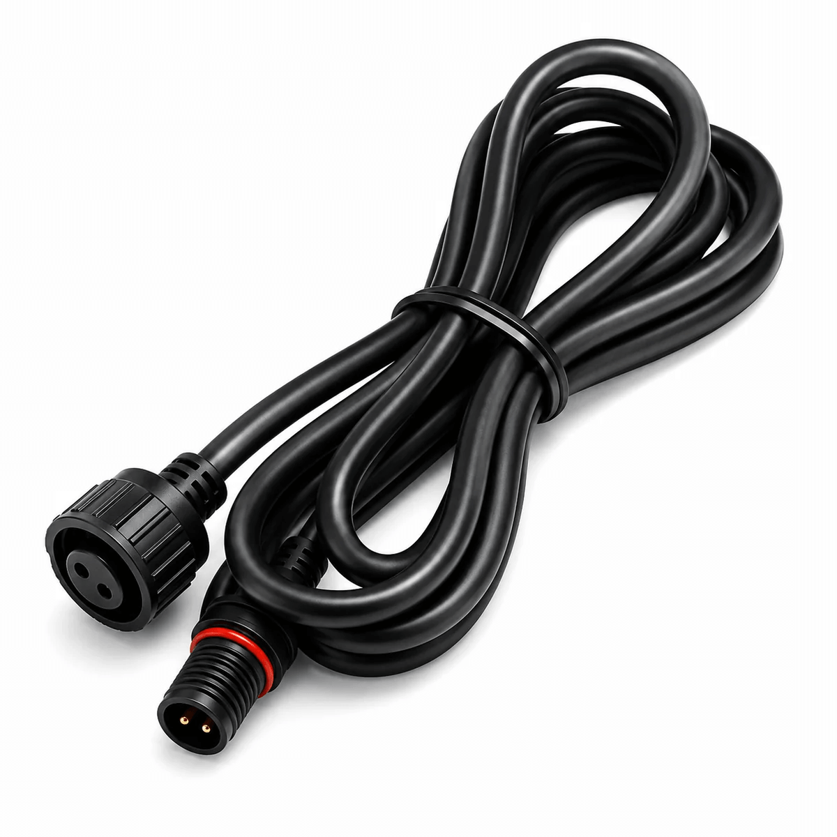Close-up of a universal 2-pin extension lead designed for connecting a outdoor solar spotlight or garden light setup.