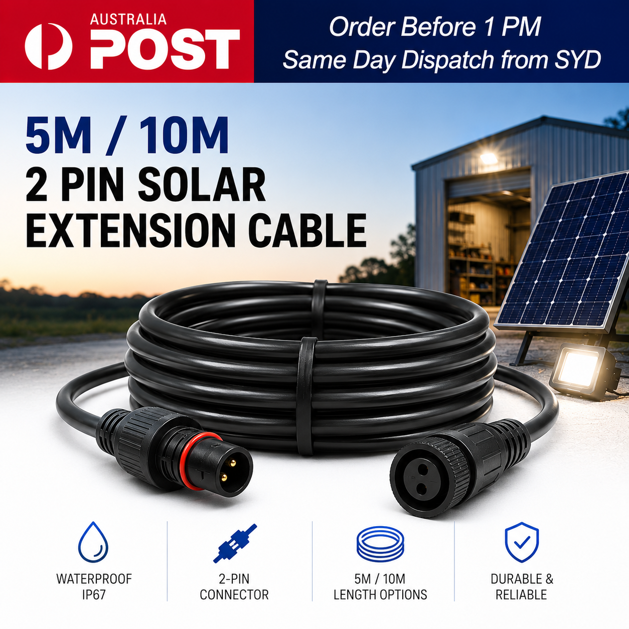 Heavy duty 2-pin extension lead connected to an outdoor solar security light and panel setup.