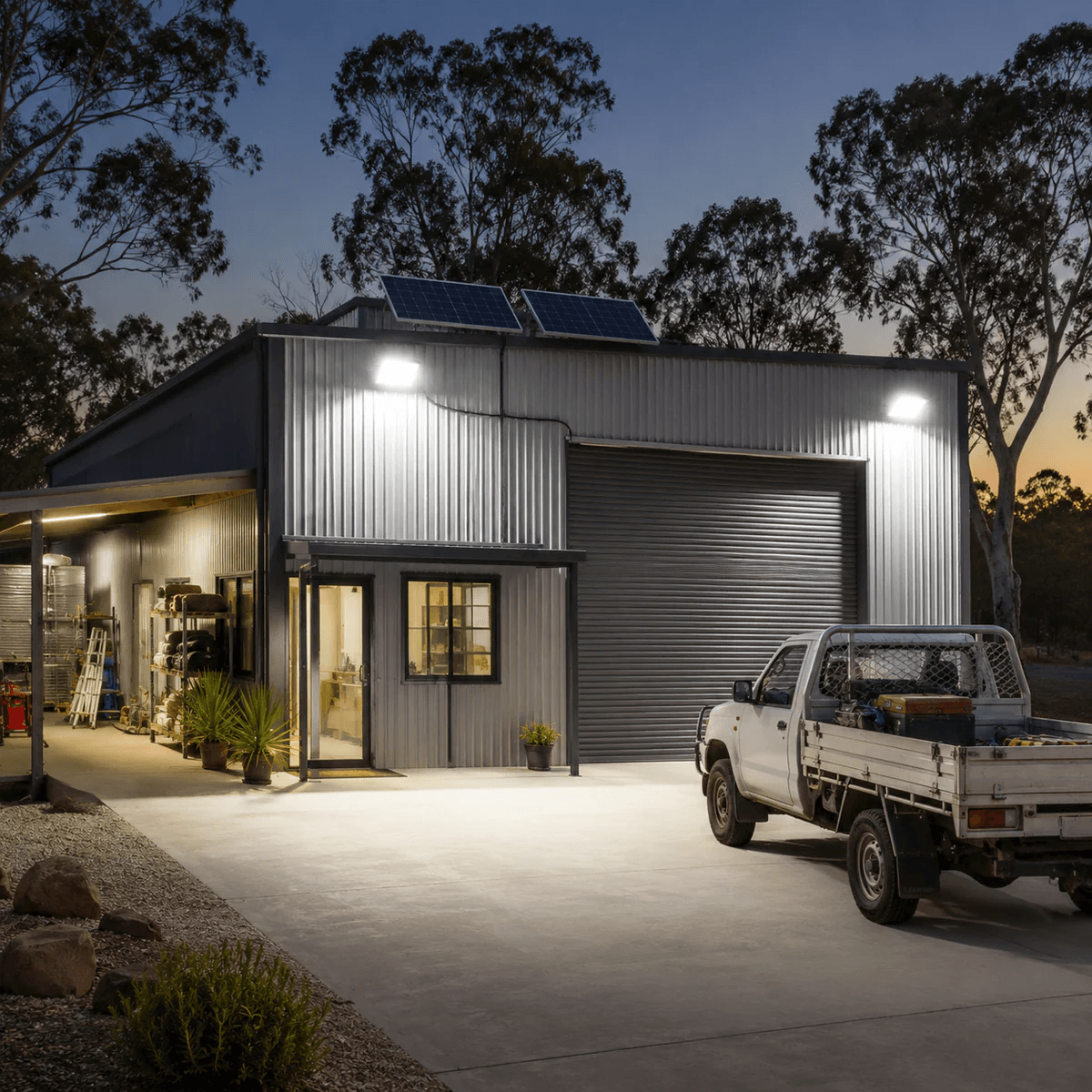 200W solar powered security lights mounted on a commercial shed exterior. Bright solar outdoor spotlight lighting a driveway area.