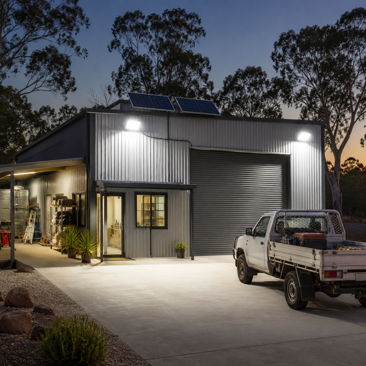 200W solar powered security lights mounted on a commercial shed exterior. Bright solar outdoor spotlight lighting a driveway area.