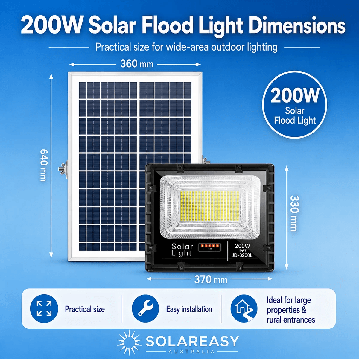 200W solar floodlight dimensions infographic showing 370 mm by 330 mm light fixture beside a 640 mm by 360 mm solar panel.