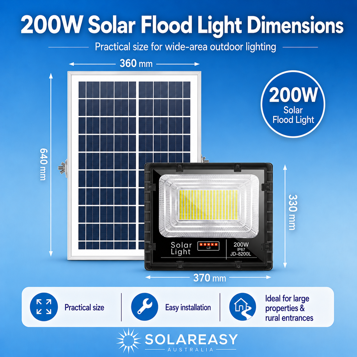 200W solar floodlight dimensions infographic showing 370 mm by 330 mm light fixture beside a 640 mm by 360 mm solar panel.