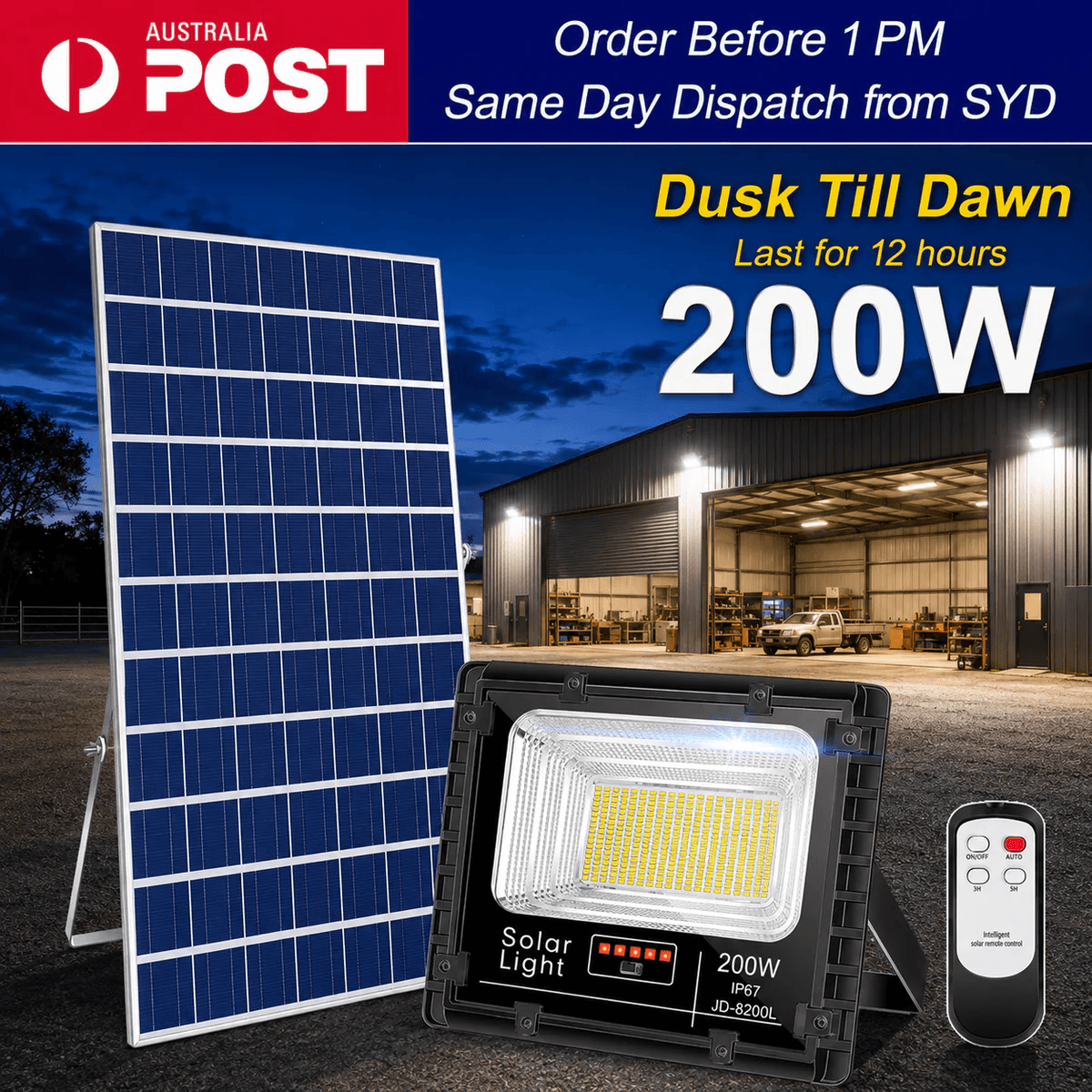 200W solar floodlight JD-8200L kit with remote. Dusk till dawn outdoor solar security lights with IP67 weather protection.