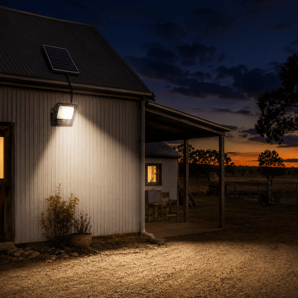 200W solar powered security lights mounted on a machinery shed exterior. Bright solar outdoor spotlight lighting a farm property.