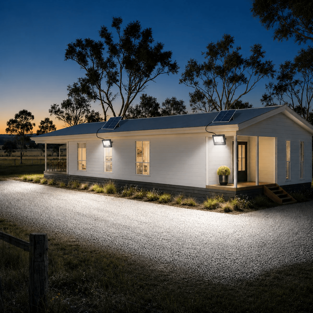 200W solar floodlight fixtures illuminating a modern rural home driveway. Outdoor solar security lights for home entry.