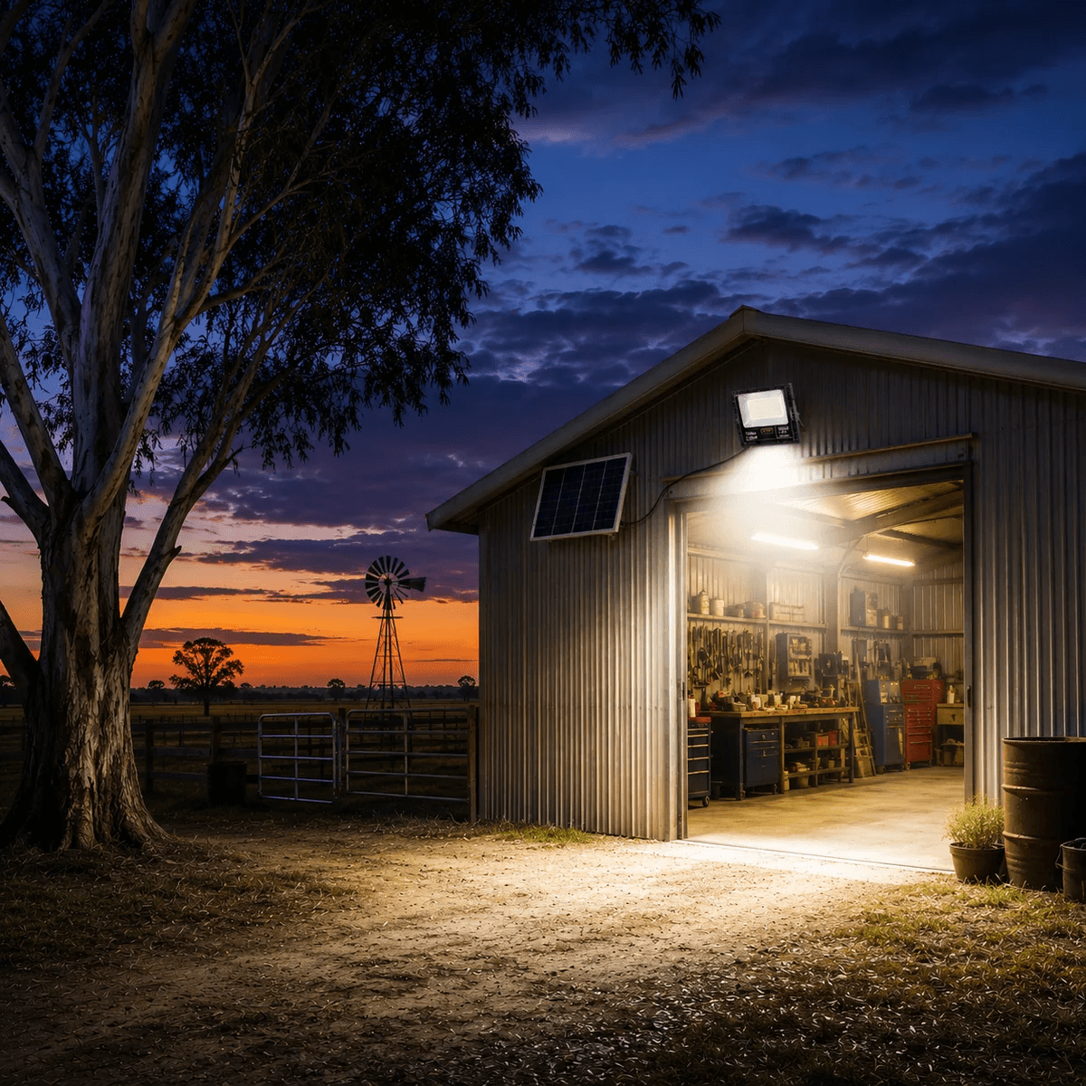 200W solar flood lamp with wall-mounted panel beside a workshop door. Weatherproof solar lights floodlights for farm storage.