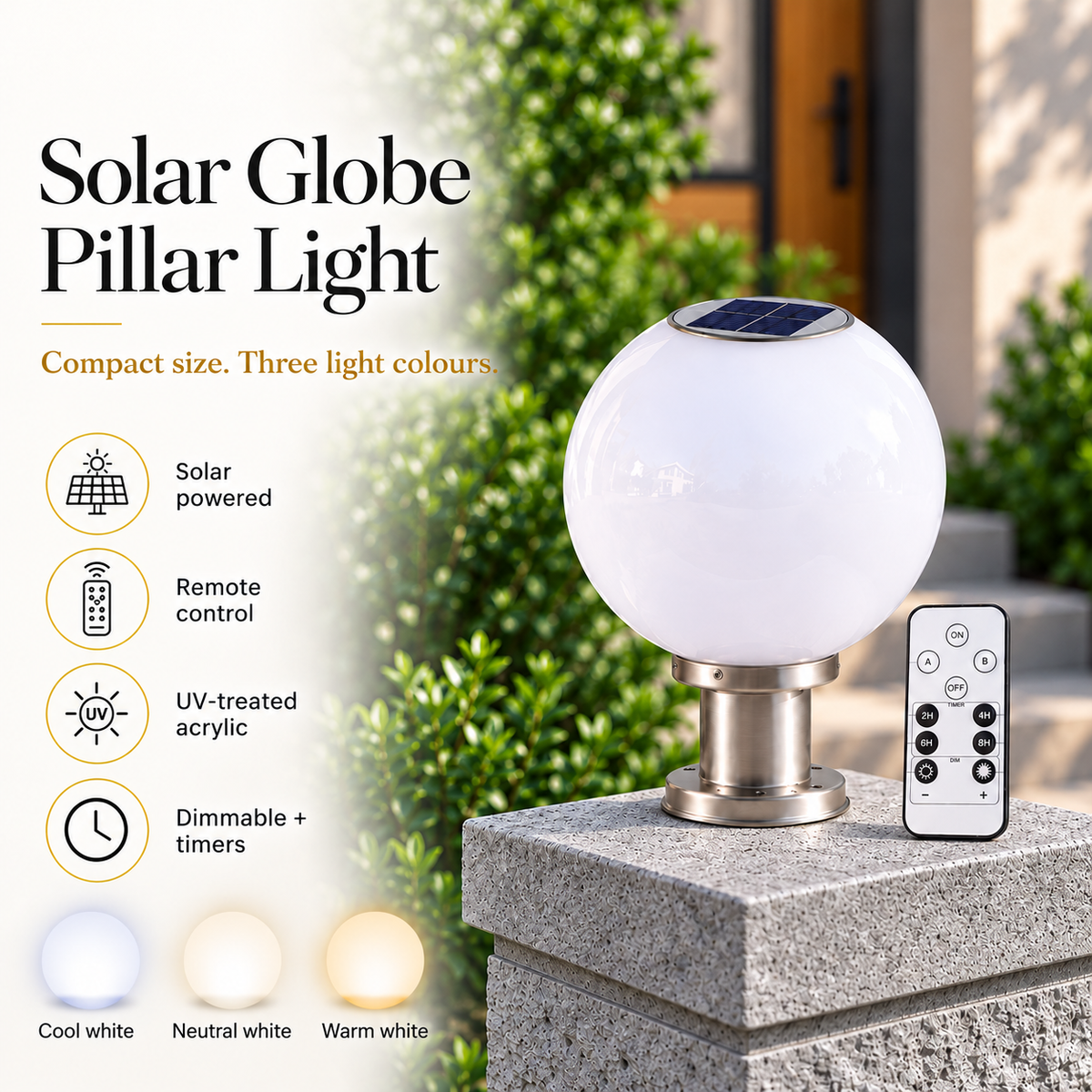 Compact 20cm solar globe pillar light with stainless steel base mounted on a brick post, featuring its remote control, integrated solar panel, and three selectable lighting colors: cool white, neutral white, and warm white.