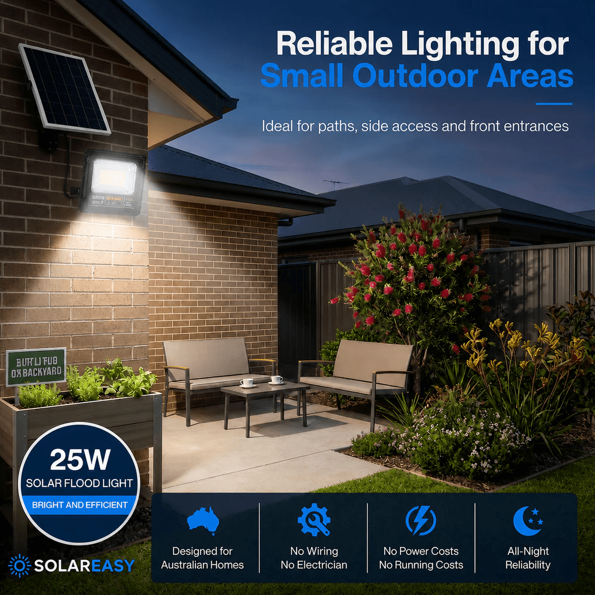 25W solar floodlight on a brick wall illuminating a patio. Outdoor solar security lights for paths and side access.