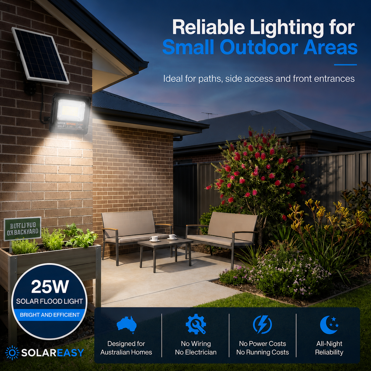 25W solar floodlight on a brick wall illuminating a patio. Outdoor solar security lights for paths and side access.