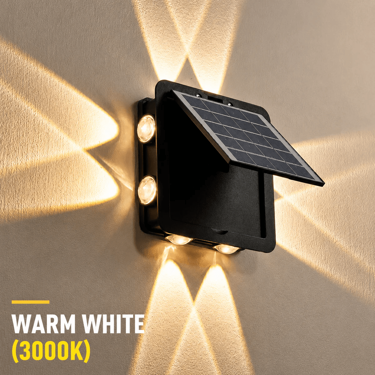 A close-up view of the 3000K warm white solar wall lights casting a distinct four-way geometric beam pattern from its side optical lenses.