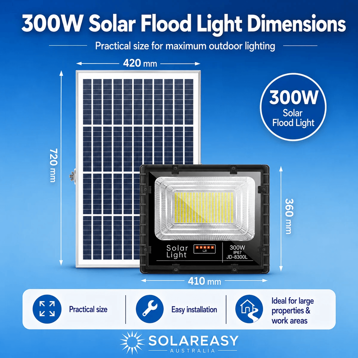 300W solar flood lights outdoor dimensions showing 410mm x 360mm commercial solar security light fixture and 720mm x 420mm polycrystalline panel size.