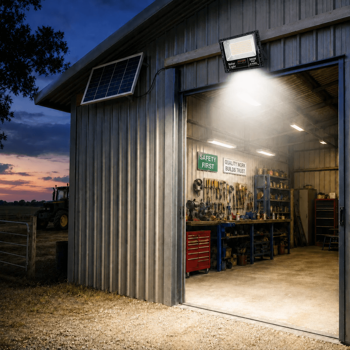 Heavy-duty 300W solar flood lights outdoor setup illuminating a rural farm shed and workshop workshop entrance with bright cool white light.