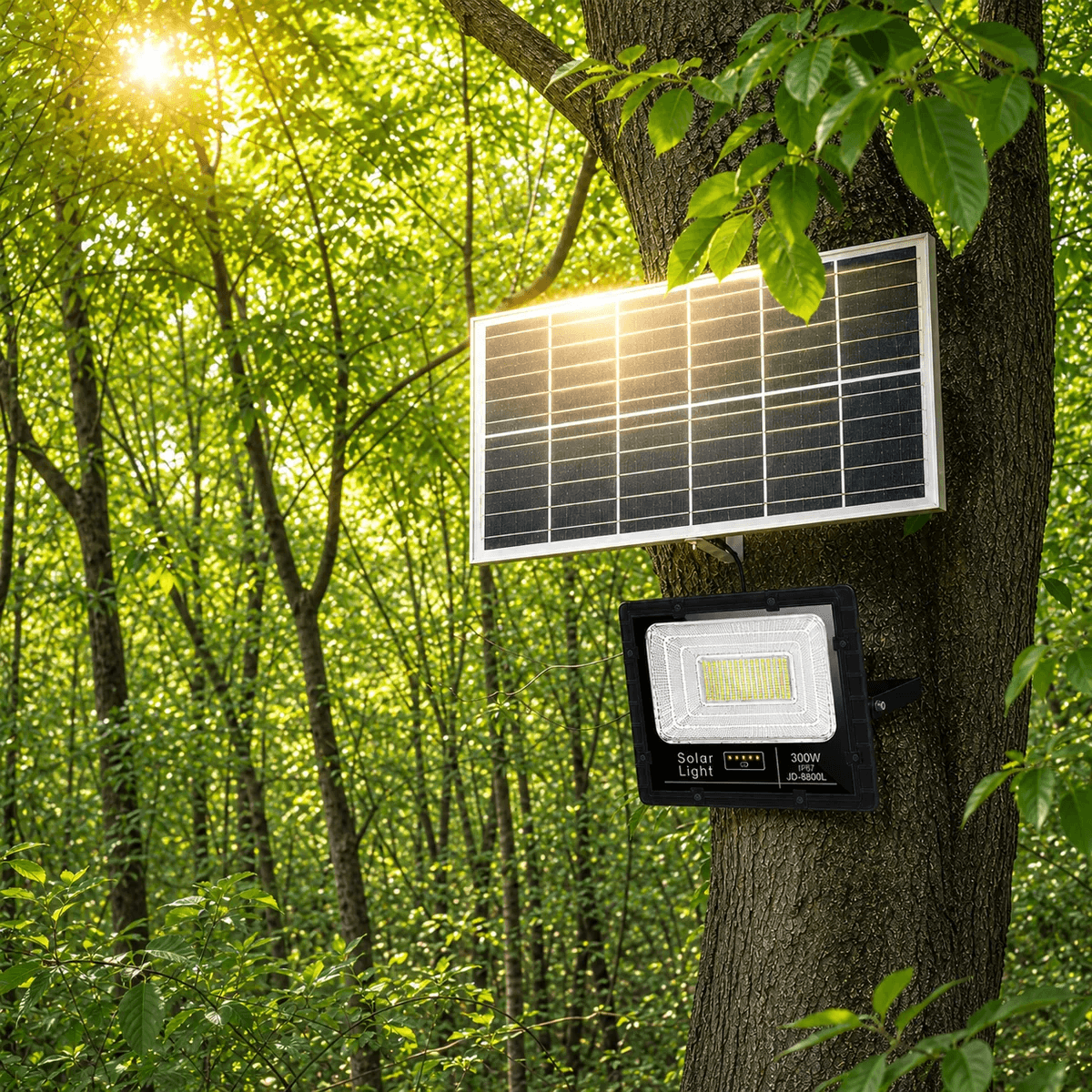 Commercial 300W solar outdoor spotlight and polycrystalline solar panel mounted securely onto a tree trunk for large backyard or rural garden security.