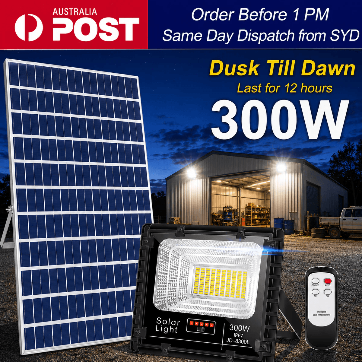 300W commercial solar powered flood lights kit showcasing Australia Post same day dispatch from Sydney with a dusk till dawn 12 hour runtime badge.