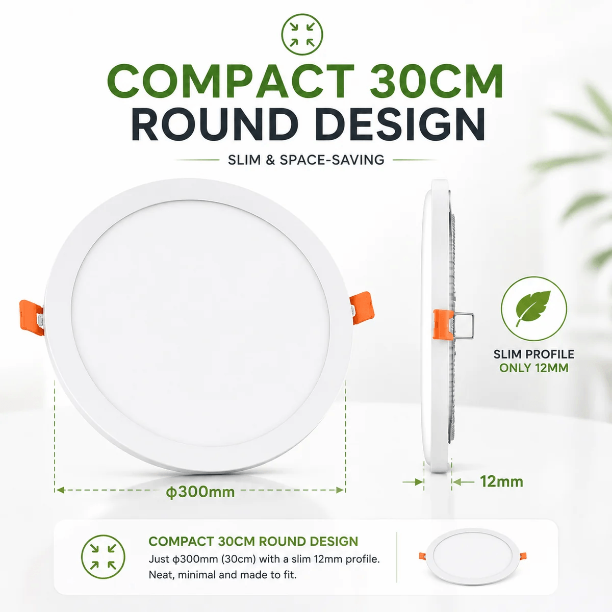Product design infographic for a 30cm round solar skylight panel highlighting its ultra-slim 12mm profile thickness and space-saving 300mm diameter flush mount ceiling fixture.