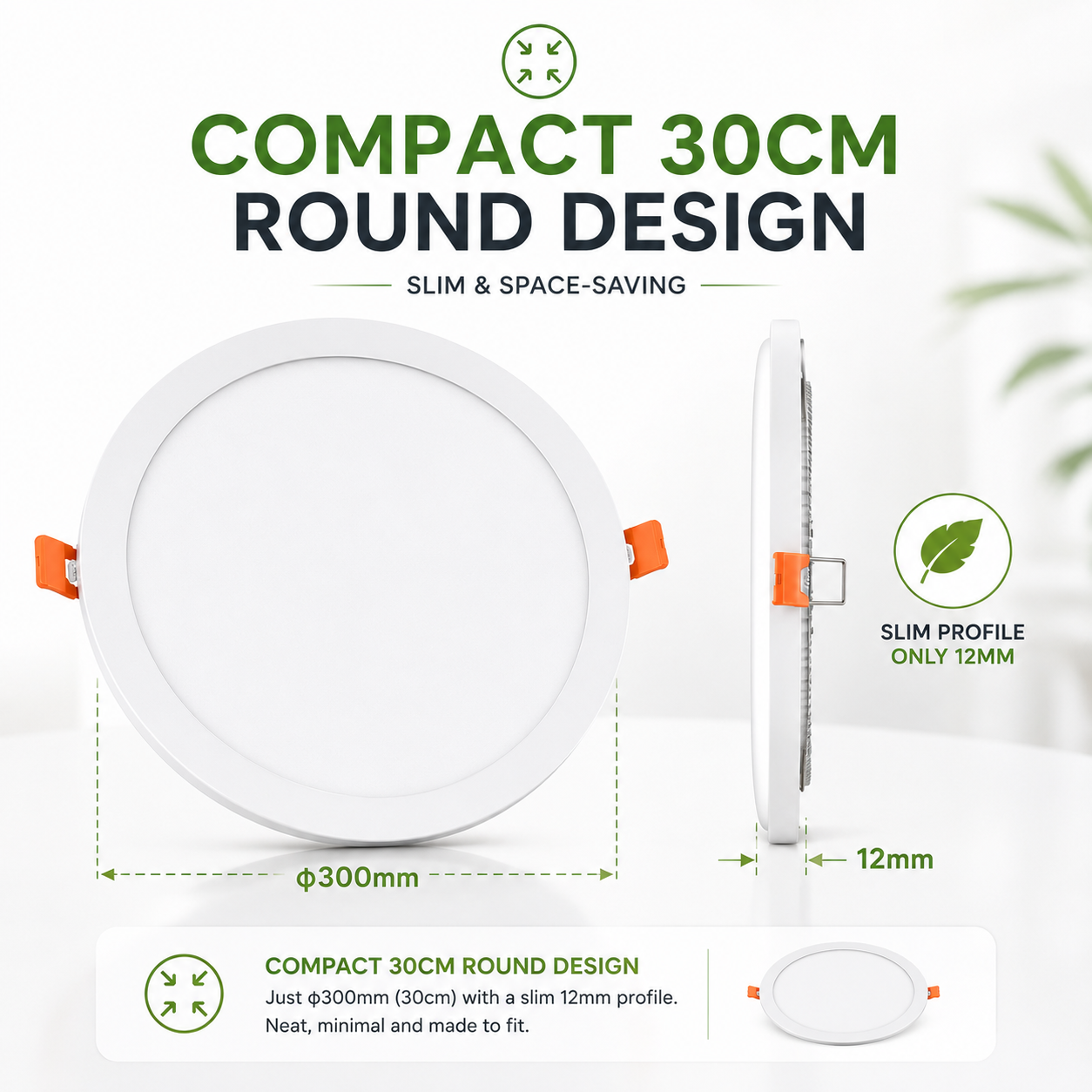 Product design infographic for a 30cm round solar skylight panel highlighting its ultra-slim 12mm profile thickness and space-saving 300mm diameter flush mount ceiling fixture.