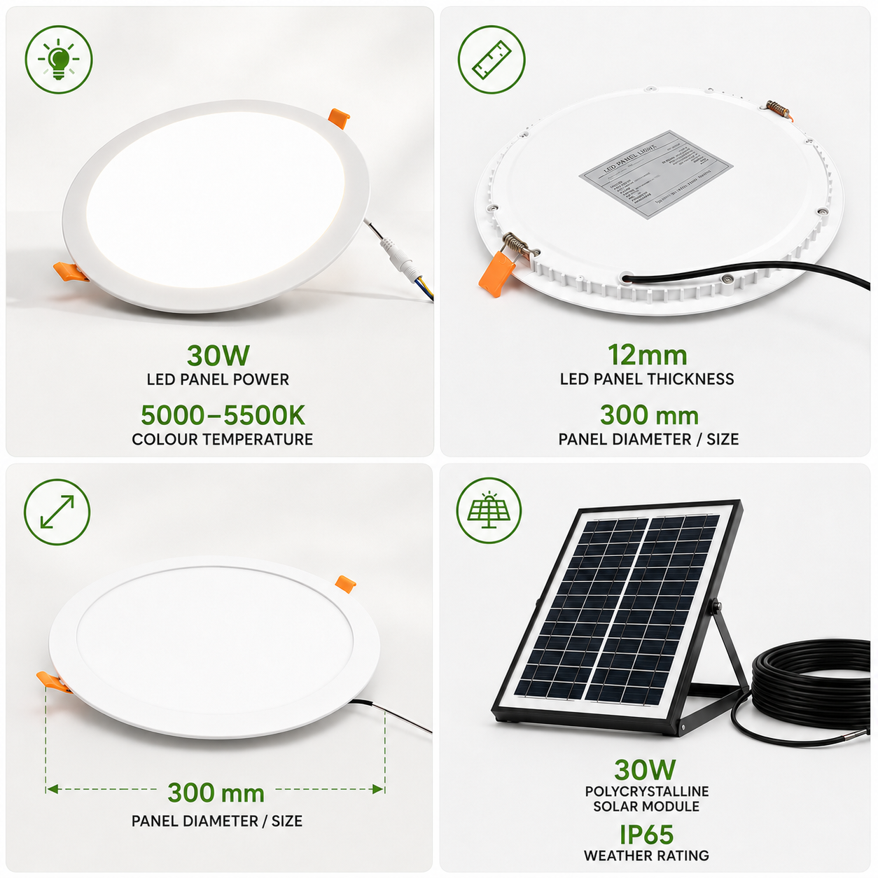 Technical specification diagram of a 30cm solar skylight kit showcasing a 30W LED ceiling light with a 12mm slim profile, 5000-5500K color temperature, and an IP65 weather-rated 30W polycrystalline solar module.