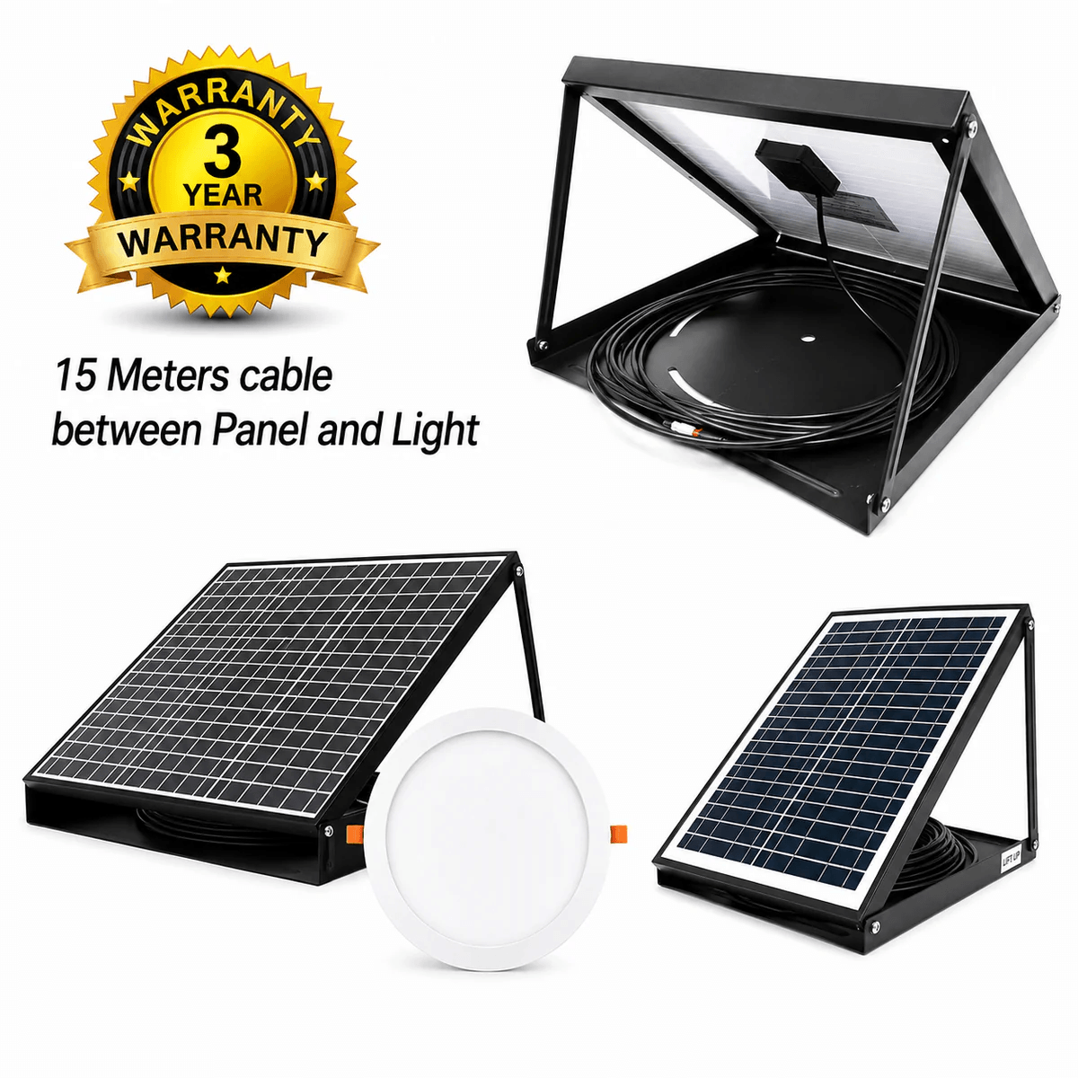 A 30W solar skylight kit overview showing the adjustable roof tilt mount bracket, a round white LED panel, a long 15-meter connecting cable, and a 3-year product warranty badge.