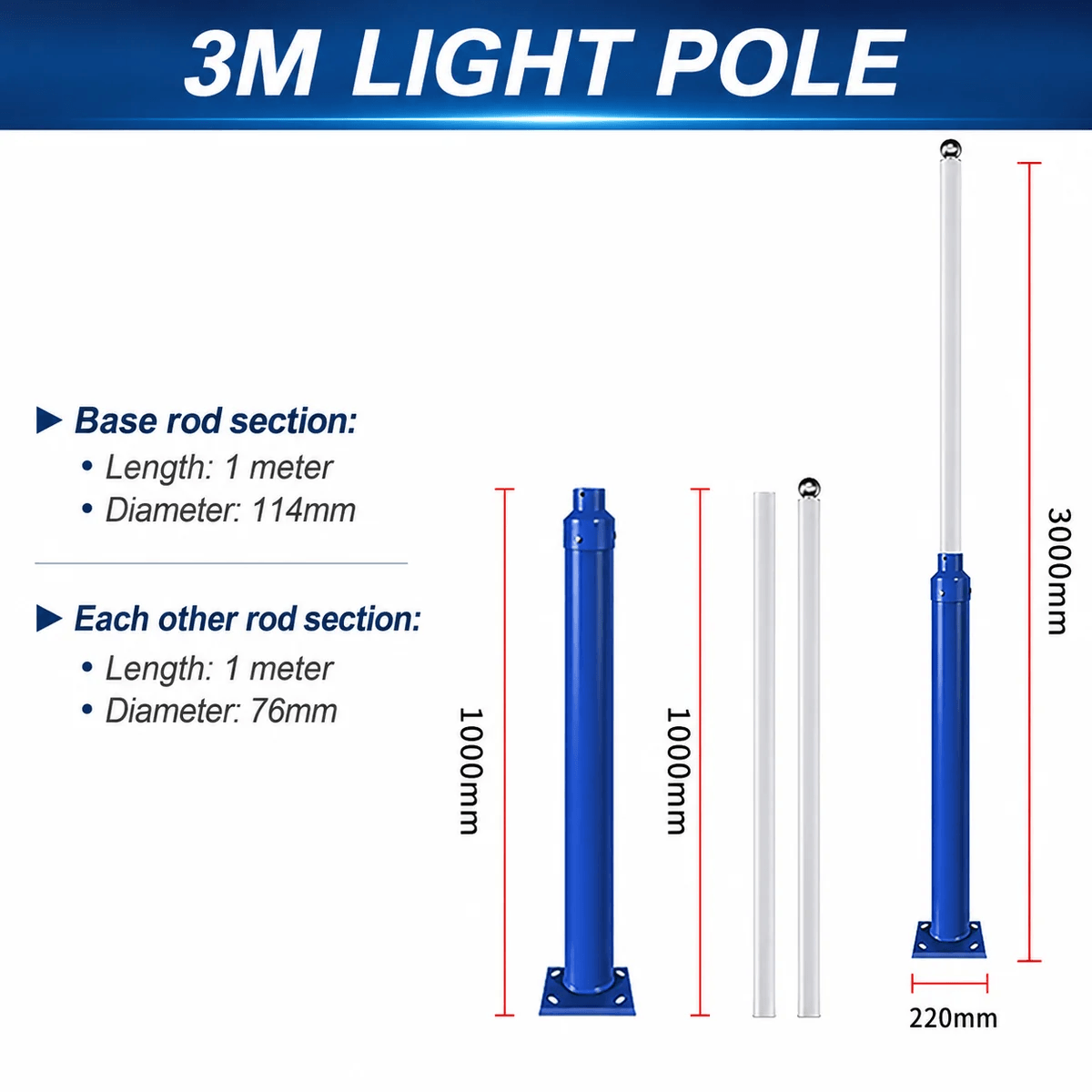 Technical dimension diagram for the 3m light pole variation, showing the 1000mm base rod section with a 114mm diameter and the secondary 1-metre interlocking rod sections with a 76mm diameter.