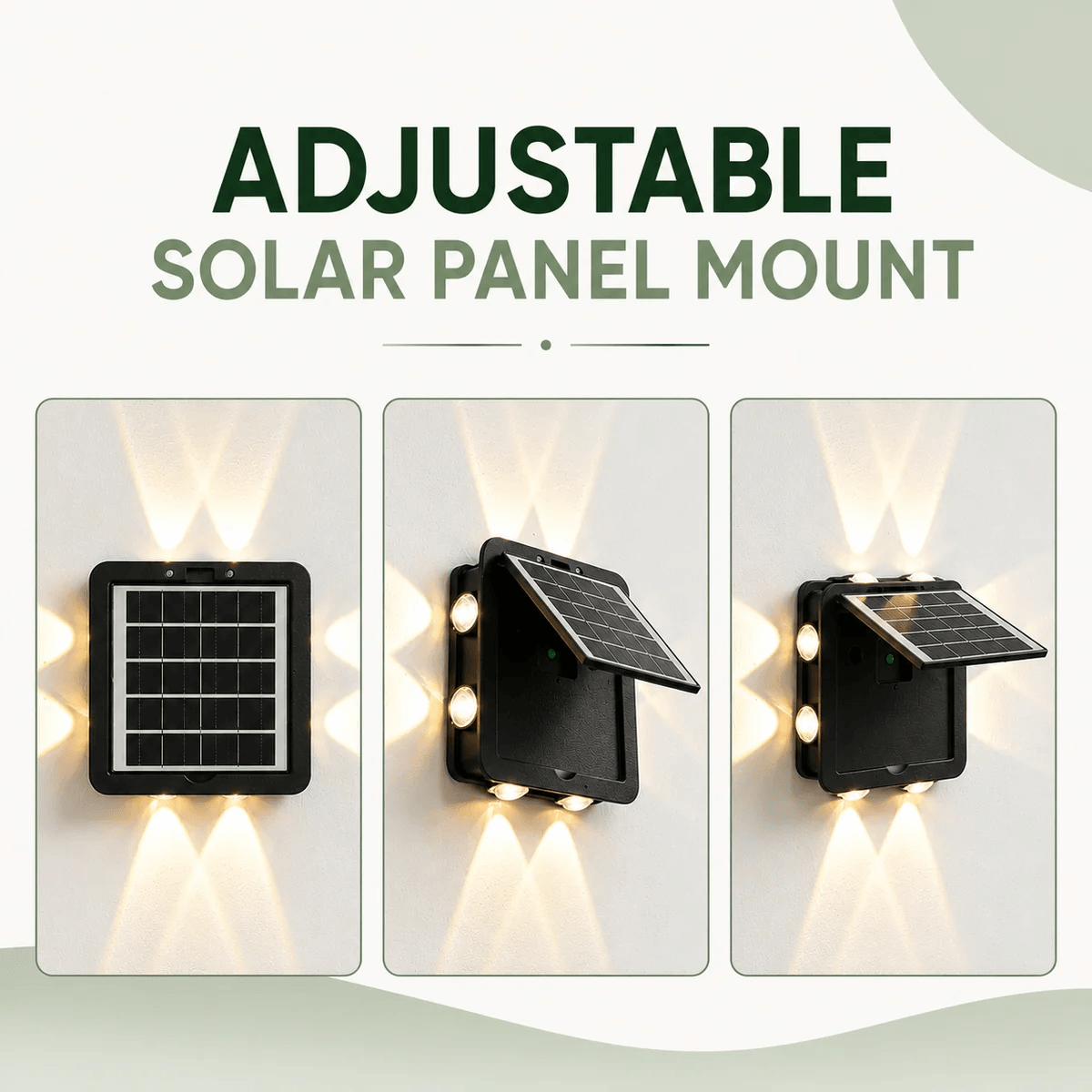 Three sequential angles of a 4-way solar outdoor wall light showing how the adjustable solar panel mount tilts forward to maximize sunlight absorption.