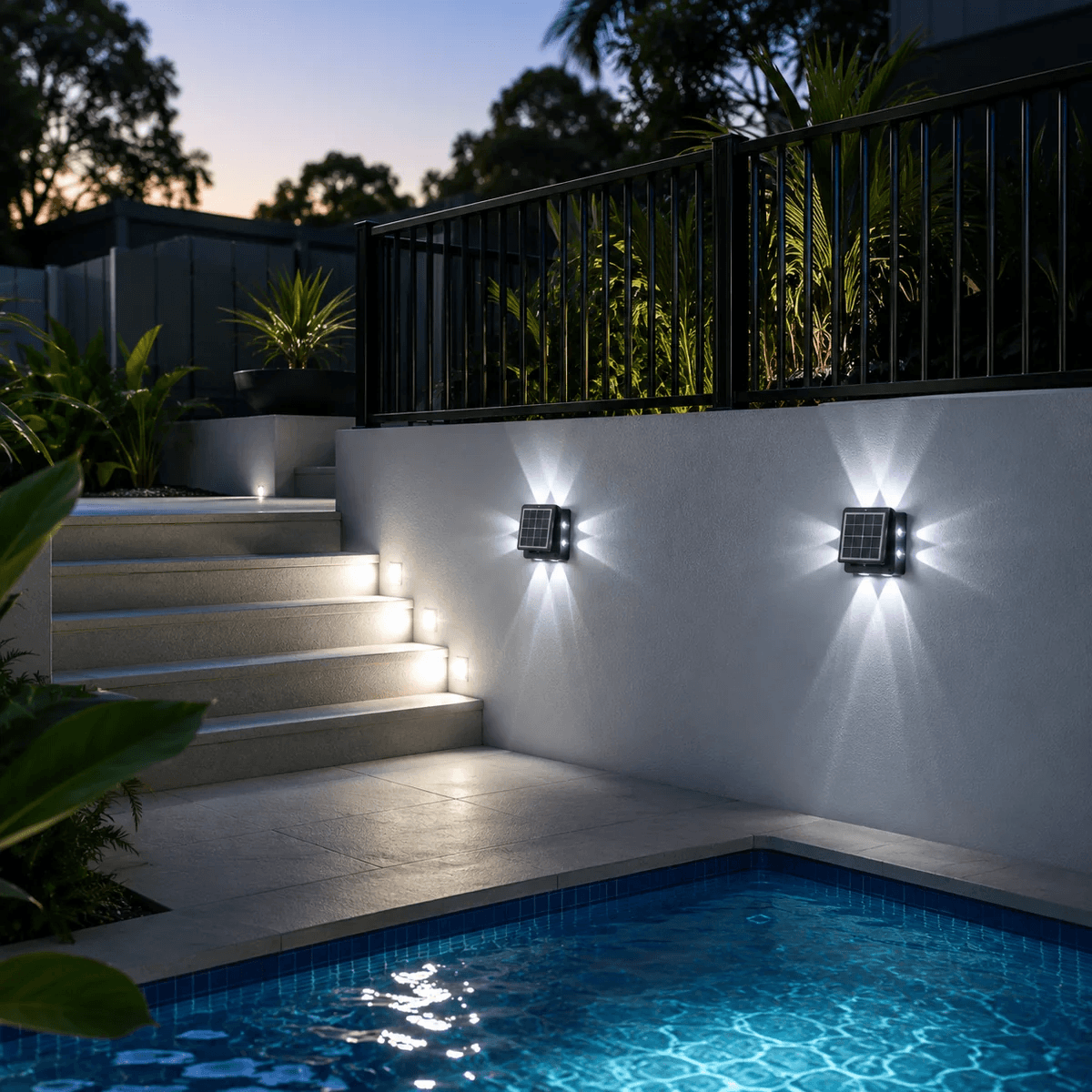Two 4-way solar outdoor wall light fixtures casting a cool white architectural beam pattern on a retaining wall next to a backyard pool and outdoor stairs.