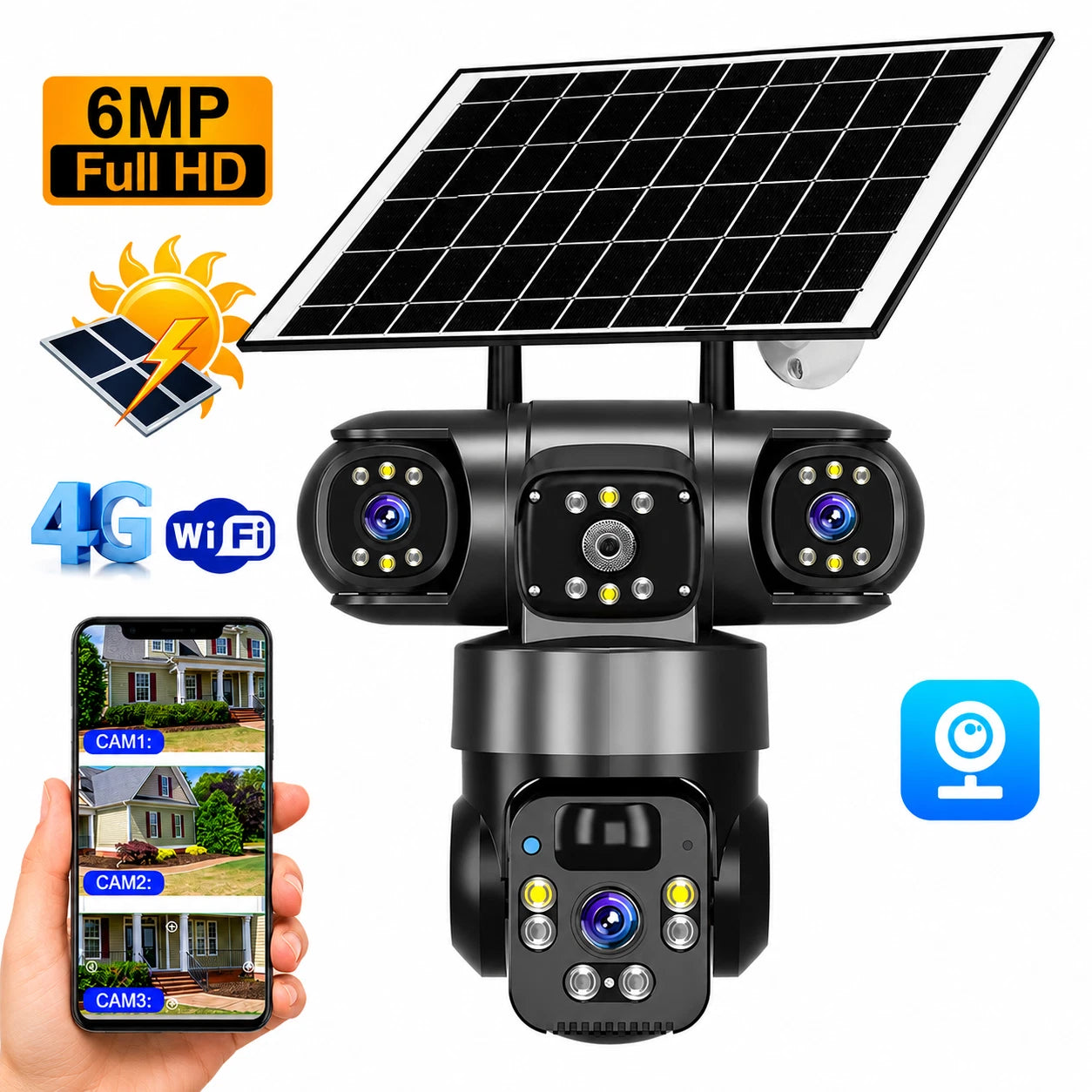 4G Solar Security Camera 6MP Triple Lens PTZ IP66 Night Vision V380Pro