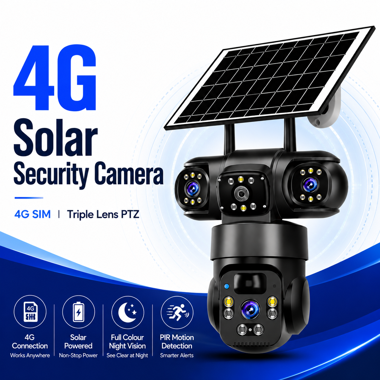 4G solar security camera with a high efficiency solar panel and triple lens PTZ system, featuring 4G SIM connection and PIR motion detection for off grid outdoor use in Australia.
