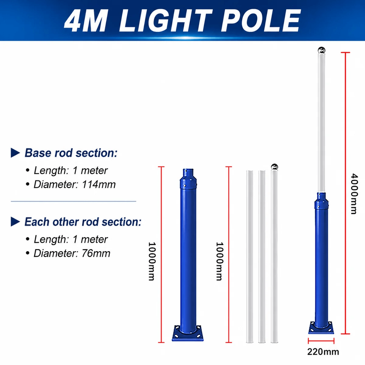 Technical dimension diagram for the 4m light pole variation, showing the 1000mm base rod section with a 114mm diameter and three 1-metre split assembly interlocking sections with a 76mm diameter.