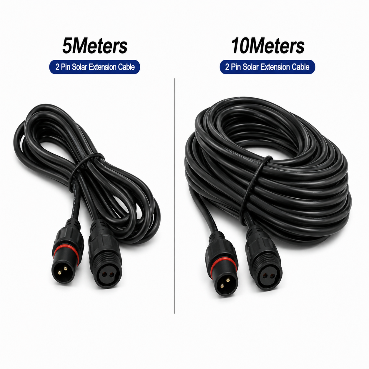 Two lengths of 2-pin waterproof extension leads side-by-side for upgrading your home solar lights floodlights setup.